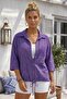 Purple Shirt Collar 3/4 Sleeve Buttoned Pocket Hole Embroidered Casual Cotton Woven Shirt 63 60 - 3