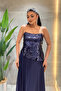 Top Sequin Bottom Chiffon Designer Dress - Dark Blue - 4