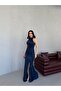 Navy Blue Draped Halter Neck Glittered Evening Dress - 2