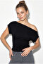 Women's Black Asymmetrical Waist-Fitted Viscose Bat Sleeve Blouse 60286901 - 3
