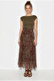 Women's Coffee Green Waist Gathered Detailed Shawl Patterned Lined Chiffon Maxi Skirt 60286245 - 3