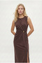 Women's Eldora Woven Modal Gold Buckle Slit Sleeveless Midi Length Brown Stylish Dress - 3