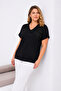 Women's Plus Size Black, Embroidered and Stone Detailed Shoulder, V-Neck Low Sleeve Blouse 65N39503 - 4