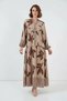 Women's Round Neck Gathered Waist Floral Patterned Viscose Smoked Beige Hijab Dress - 4