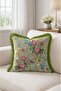 Green Rose Garden Patterned Fringed Throw Pillow Cover - Khaki Tasseled Vintage Botanical Pillowcase - 3
