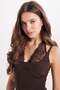Women's Standard Fit Regular Cut Strappy V-Neck Lace Detailed Snap Fastener Brown Bodysuit - 5