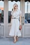 Women's Patterned Voile Lined High Waist Leather Belted Side Pocket Pleated Midi Length Skirt-Stone Polka Dots - 7
