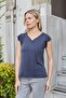 Women's Silky Textured Flexible Modal Fabric V-Neck Buttoned Sleeves Flounce Blouse-Navy Blue - 3
