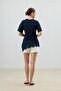 Navy Blue Lace Cotton Women's T-Shirt - 3