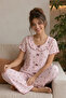 Floral Patterned Cotton Boat Neck Wrinkled Soft Summer Pajama Set Pink