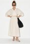 Women's Cream Double-Breasted Tie-Down Blouse with Gipe Detailed Lined Skirt Muslin Cotton Set 1059 60286286