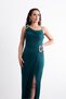Long, Stylish Evening Dress with Shoulder and Waist Accessories, Draping, Crepe Fabric, and Slits.