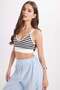 Women's Slim Fit Cross-Back Tie-Strap V-Neck Striped Ecru Crop Top