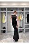 Women's Black Waist-Cinched Tulle Embellished Dress