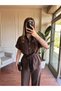 Linen suit with gold button detail - brown - 5
