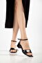 Large Size Women's Short Heeled Sandals Black Ankle Wrap with Stone Accessory