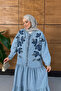Women's Beaded Embroidery Half Button Denim Dress - 5