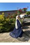 Women's Ruffled Lace Detailed Hijab Maternity Chiffon Dress - Navy Blue
