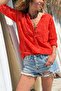 Coral Buttoned Collar Washed Embroidered Cotton Woven Blouse 65 50 - 2