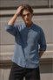 Men's Long Sleeve Muslin Shirt with Stand Collar Comfortable Fit Summer Indigo Ls-13008 - 2