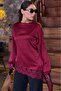 Burgundy Asymmetrical Ruched Long Sleeve Satin Blouse Mg2799 - 8