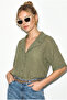 Women's Pistachio Green Self-Striped Open Collar Oversize Short Sleeve Shirt 60282055
