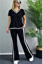 Women's V-Neck Two-Thread Viscose Blouse Pants Stripe Detailed Bottom-Top Set - 3