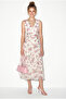 Women's Pink V-Neck Floral Patterned Lined Chiffon Midi Dress De261075 60286305 - 4