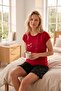 Women's Burgundy Heart Patterned Buttonless Crew Neck Summer Viscose Short Sleeve Mini Shorts Pajama Set - 5