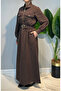 Belted Half Zipper Double Pocket Chic Line Striped Dress 5161 Brown - 3
