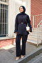 Women's Waist-Tied Button Detail Suit Navy Blue - 3