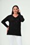 Women's Black Stone Patterned V-Neck Straight Sleeve Black Blouse