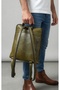 Genuine Calfskin Unisex Backpack with Zippered Sides and Gussets, Olive, Olive Green, Square Design, Real Leather Bag - 3