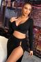 Women's Black Modern Fit Long Sleeve Crop Top Blouse with Low-Cut Chest and Belly Area and Zipper - 6