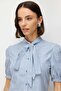 4900 Women's Gingham Patterned Scarf Collar Balloon Sleeve Shirt Blue - 6