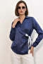 Women's Belted Double-Breasted Satin Navy Blue Shirt - 3