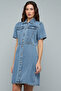 Washed Denim Shirt Dress with Short Sleeves - 5