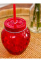 Red Strawberry Figured Glass Soft Drink Cup with Straw - 3
