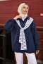 Navy Blue Shawl Tie Detailed Garnished Shirt
