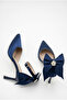 Women's Stoned Bow Detailed Ankle Strap Navy Blue Satin Stiletto Pointed Toe Thin Heeled Evening Dress Shoes - 6