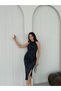 Navy Blue Glittery Draped Halter Neck Midi Evening Dress - 2