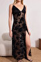 Black Slit Floral Tulle Knitted Nightgown - 2