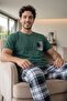 Green Plaid Pocket Detail Short Sleeve Men's Pajama Set - 6