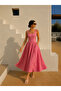 Red Gingham Cotton Square Collar Flounced Midi Dress with Pocket Detail - 7