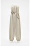 Beaded Detailed, Strapless, Linen Look Jumpsuit - Natural - 2