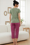 Green Patterned Cotton V-Neck Knitted Capri Pajamas Set - 3