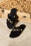 Helia Women's Gold Stone Detailed Straw Textured Fraseli Flat Black Slippers - 5
