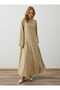 Linen Hijab Dress with Stitching Detail and Pockets - Dark Beige - - 2