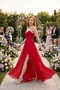 Women's Red Rope Strap Slit Chiffon Tulle Long Evening Dress - 5