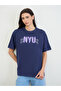 Navy Blue Slogan Print Cotton T-Shirt - 3